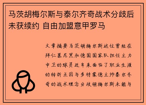 马茨胡梅尔斯与泰尔齐奇战术分歧后未获续约 自由加盟意甲罗马